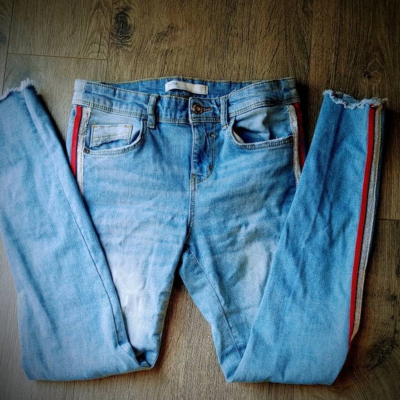Zara Z1976 Trafaluc Denim TRF Women's Mid-rise Red Side Stripe Skinny Jeans Sz 2 - Picture 1 of 10